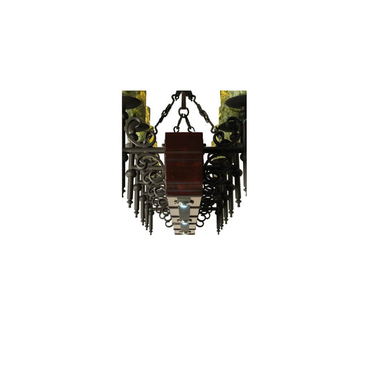 Tudor 15 Light 60" Wide Pillar Candle Style Chandelier with Green Jadestone Shades- Wrought Iron Finish