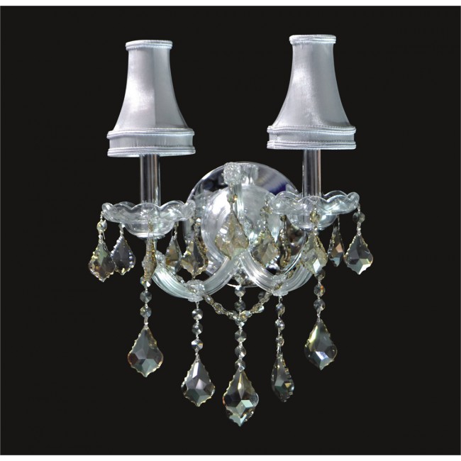 2 lights crystal wall sconce in chrome with golden teak crystal and lamp shades