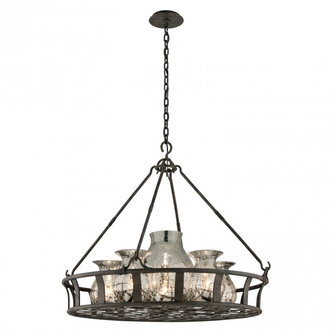 Bronze Six-Light Large Pendant with Antique Silver Glass