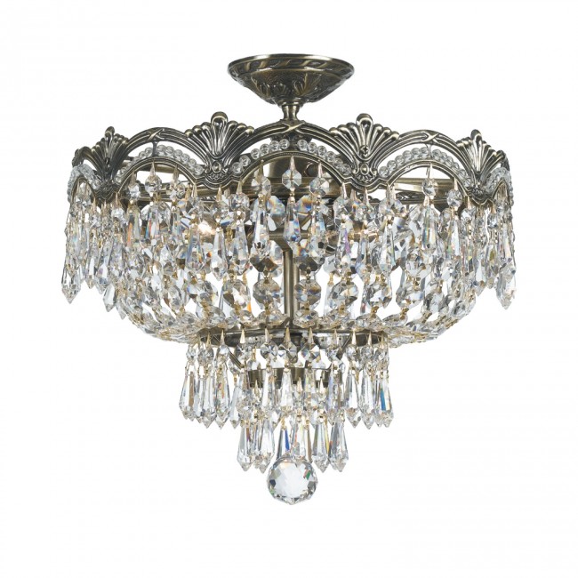  Group Majestic Sold Cast Brass Ornate Crystal Three-Light Semi-Flush