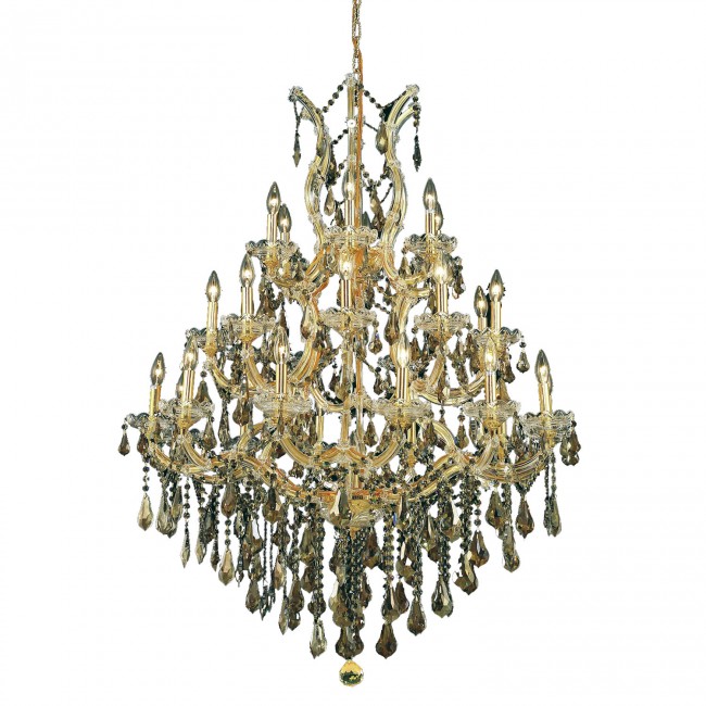 Gold Twenty-Eight Light Chandelier with Golden Teak/Smoky Royal Cut Crystals