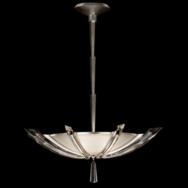 Three-Light Pendant in Platinized Silver Leaf Finish with Tapered Beveled Crystals