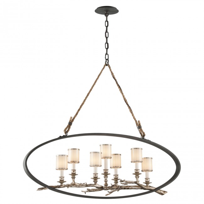 Bronze With Silver Leaf Seven-Light Large Pendant with White Pearl Glass