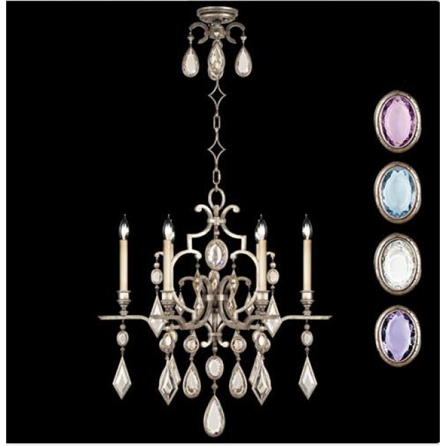 Six-Light Chandelier in Silver Leaf Finish with Multi-Colored Crystal Gems