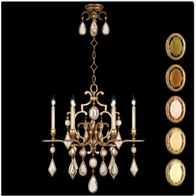 Six-Light Chandelier in Variegated Gold Leaf Finish with Multi-Colored Crystal Gems