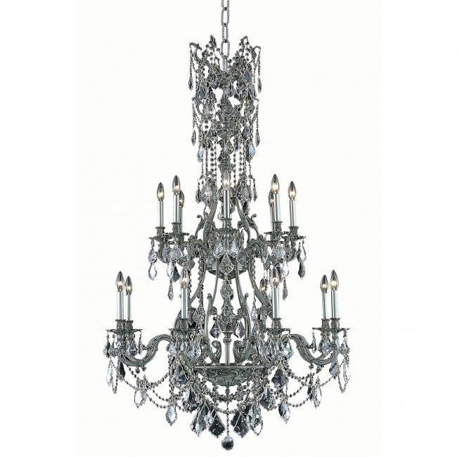  Pewter Sixteen-Light Chandelier with Clear Royal Cut Crystals