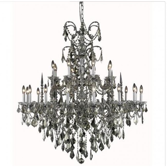 Pewter Twenty-Four Light Chandelier with Golden Teak/Smoky Royal Cut Crystals
