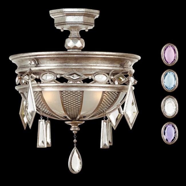 Fine Art Lamps Encased Gems Three-Light Semi-Flush Mount in Silver Leaf Finish with Multi-Colored Crystal Gems