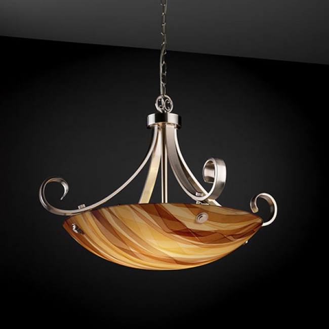 Group 3Form Brushed Nickel Fluorescent 31-Inch Wide Six-Light Bowl Pendant with Ribbon Twirl Shade
