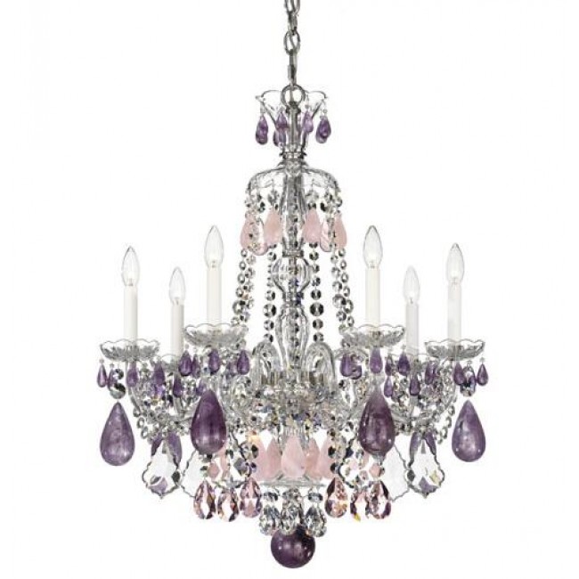 Silver Seven-Light Amethyst and Rose Rock Crystal Chandelier, 24W x 31.5H x 24D
