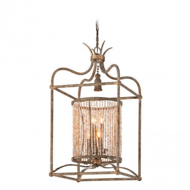 Gold Leaf and Wood Accents Six Light Pendant