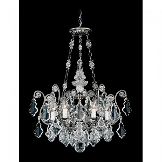  Antique Pewter Six-Light Chandelier with Clear Hand Cut Crystal