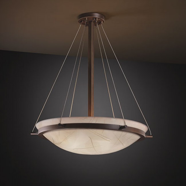 Group 3Form Dark Bronze 27-Inch Wide LED Round Bowl Pendant with Ring Fossil Leaf Ecoresin Shade