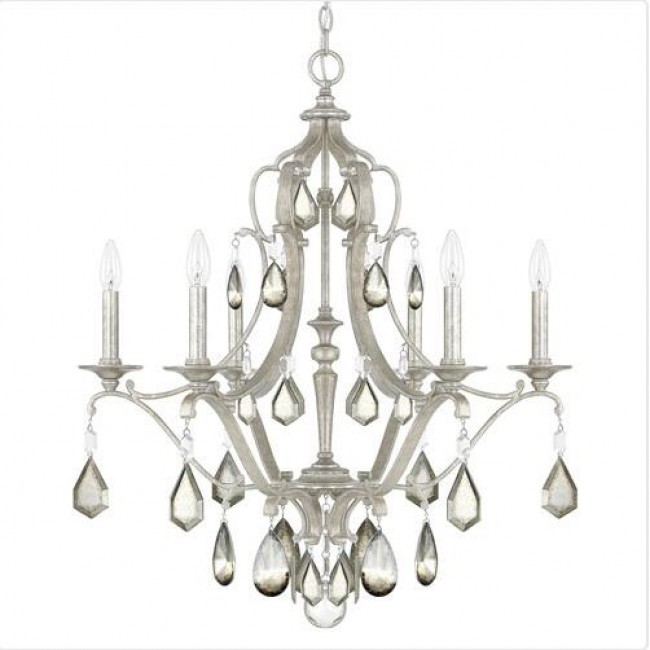 Antique Silver Six-Light Chandelier with Clear and Antique Crystals