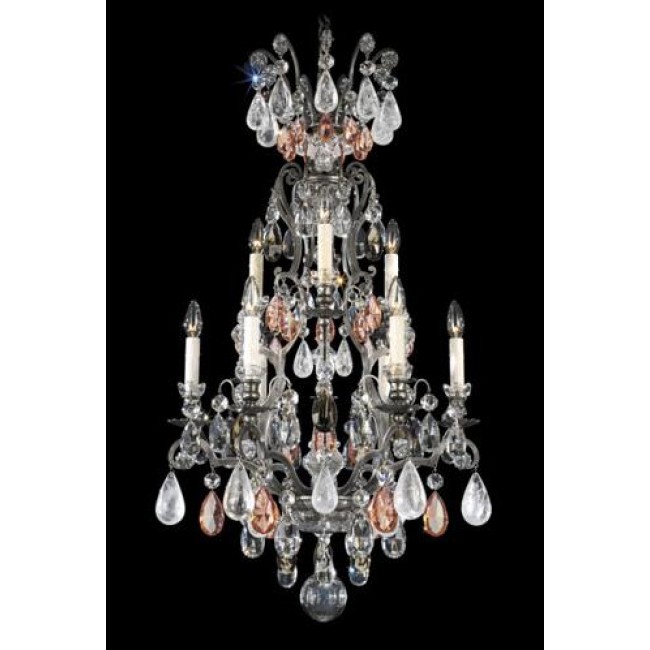 Pewter 10-Light Pink and Black Diamond Rock Crystal Chandelier, 21W x 40H x 21D