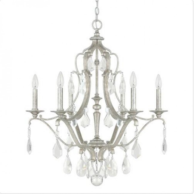 Antique Silver Six-Light Chandelier with Clear Crystals