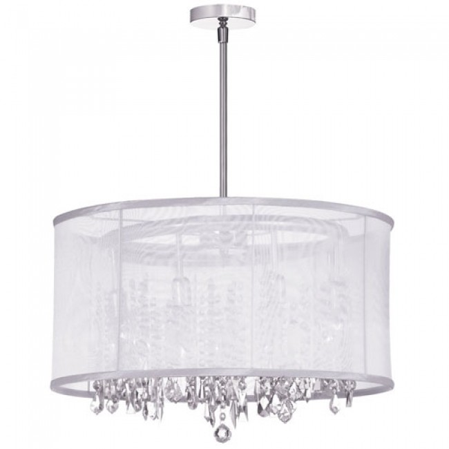 Polished Chrome Eight Light Crystal Pendant with White Organza Drum Shade