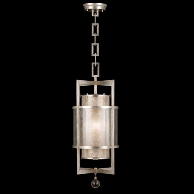 Moderne Silver One-Light Lantern in Warm Muted Silver Leaf Finish with Warm Translucent Mica Shade