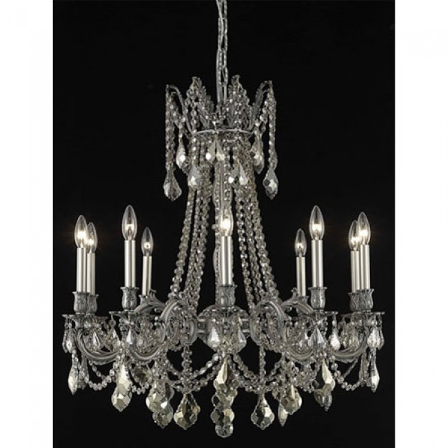  Pewter Ten-Light Chandelier with Golden Teak/Smoky Royal Cut Crystals