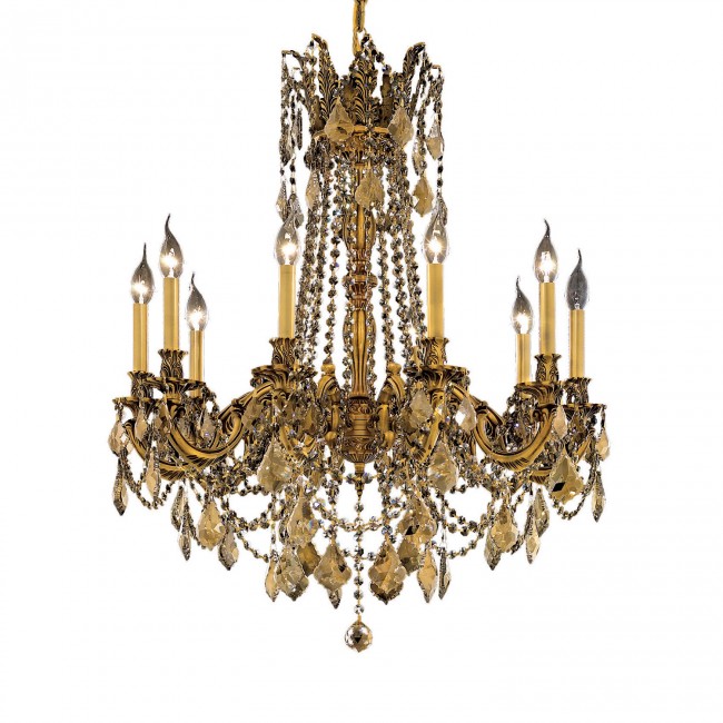 French Gold Ten-Light 28-Inch Chandelier with Royal Cut Golden Teak Smoky Crystal
