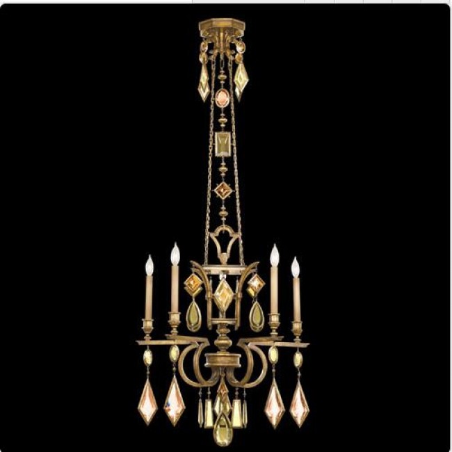 Five-Light Chandelier in Variegated Gold Leaf Finish with Multi-Colored Crystal Gems