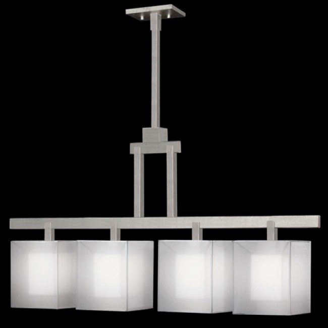 Four-Light Island Pendant in Silver Leafed Finish with Shimmering Screen of Platinum Organza