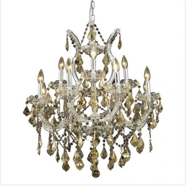 Chrome Thirteen-Light 27-Inch Chandelier with Royal Cut Golden Teak Smoky Crystal