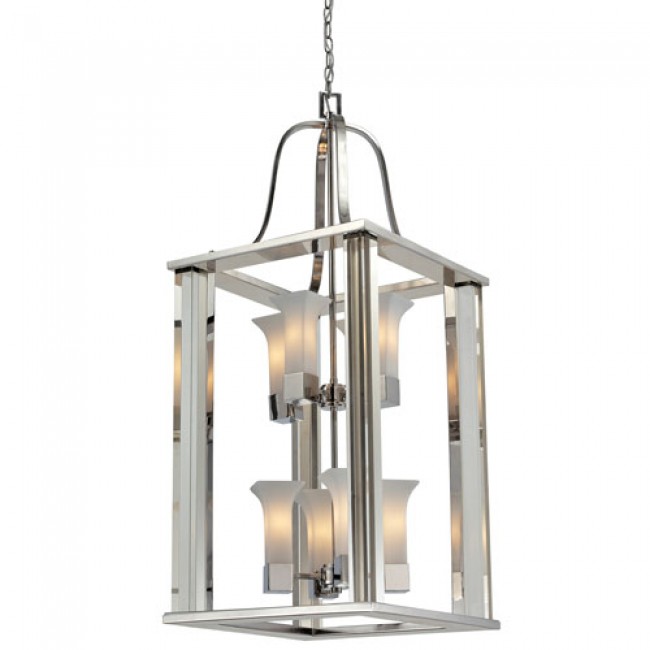Eight-Light Chrome Foyer Pendant with Matte Opal Glass Shades and Crystal Detail