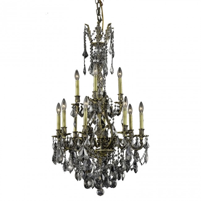 Antique Bronze Twelve-Light Chandelier with Silver Shade/Grey Royal Cut Crystals