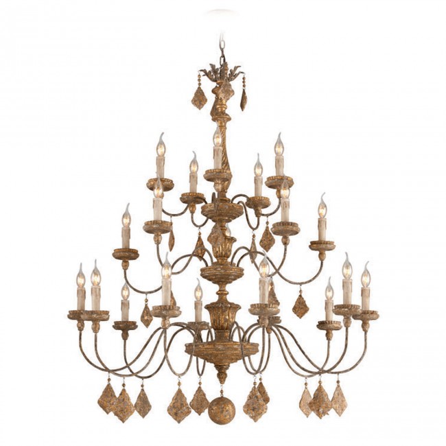 French Gold, Aged Wood and Distressed Gold Leaf 20 Light Three Tier Chandelier
