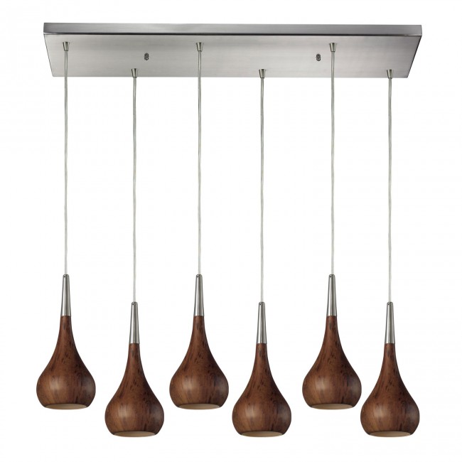 Lindsey Satin Nickel Six-Light GU10 Pendant with Burl Wood Shades