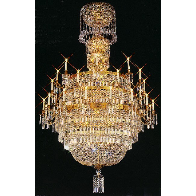 Grandeur large 3-tier 74 light Crystal Chandelier dressed with 25% full-lead crystal in the Gold finish 