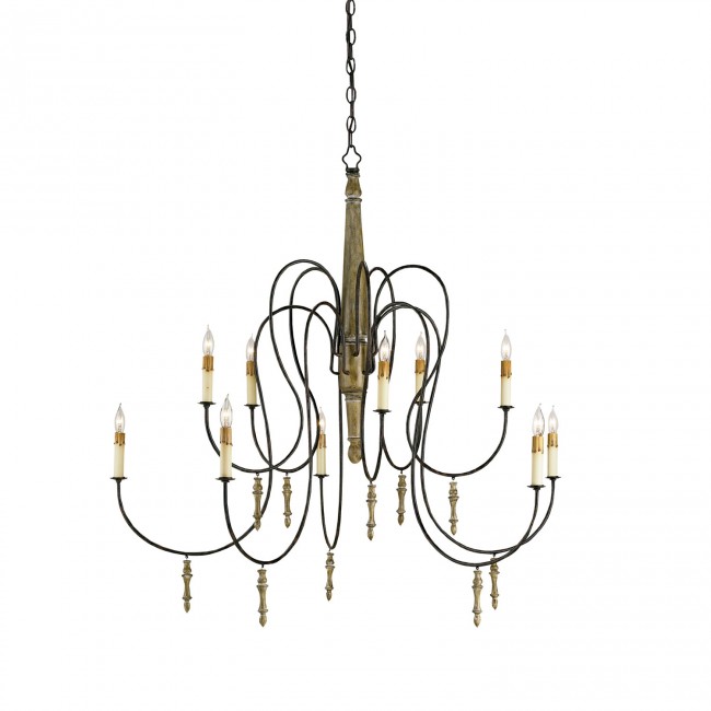 Rouleau Rust and Buff Brown Wood 10-Light Chandelier- Large