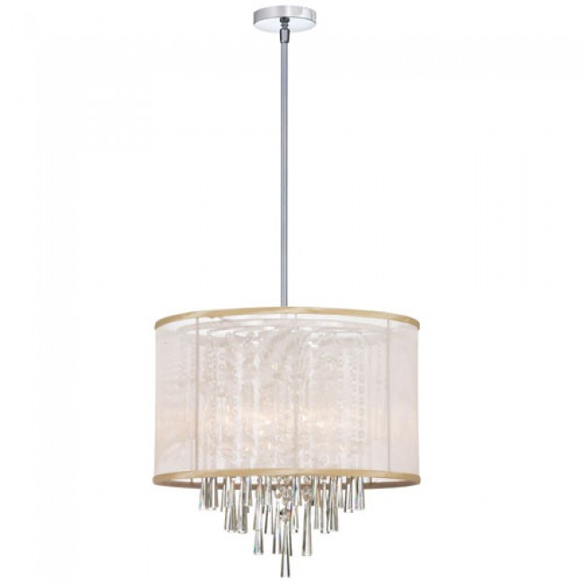 Six Light Crystal Pendant with Oyster Organza Drum Shade