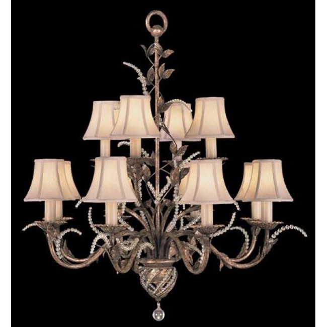 12-Light Chandelier in Cool Moonlit Patina Finish with Hand Sewn, Silk Shantung Shades