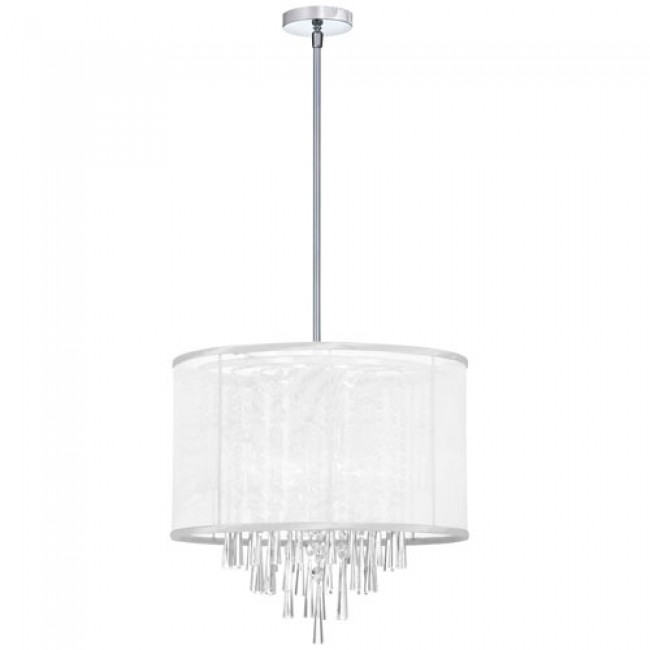 Six Light Crystal Pendant with White Organza Drum Shade