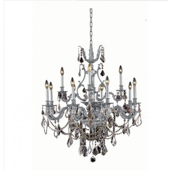Pewter Twelve-Light Chandelier with Golden Teak/Smoky Royal Cut Crystals