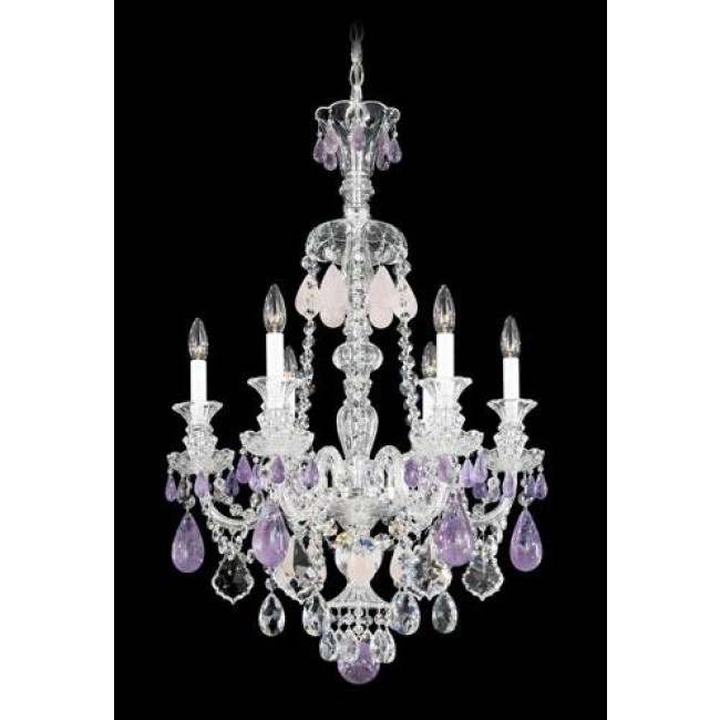 Silver Six-Light Amethyst and Rose Rock Crystal Chandelier, 22W x 33.5H x 22D
