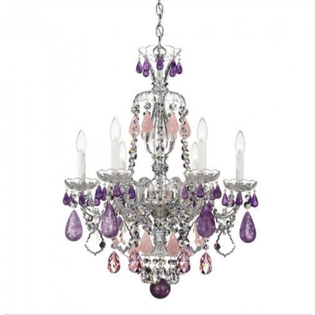 Schonbek Hamilton Silver Six-Light Amethyst and Rose Rock Crystal Chandelier, 22W x 29.5H x 22D