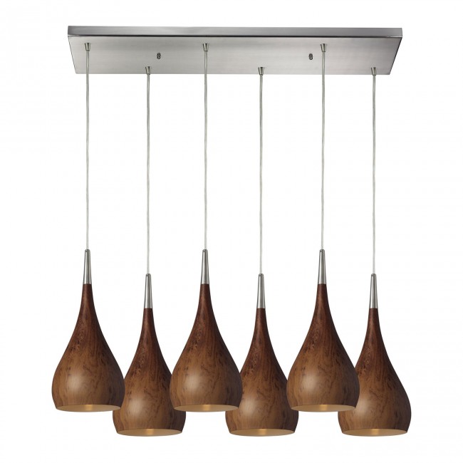 Lindsey Satin Nickel Six-Light Pendant with Burl Wood Shades