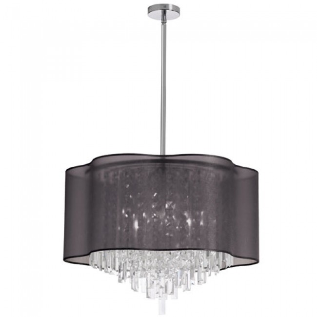Eight-Light Polished Chrome and Clear Crystal Pendant w/ Black Laminated Organza Shade