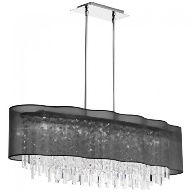 Eight-Light Polished Chrome and Clear Crystal Wave Pendant w/ Black Laminated Organza Shade