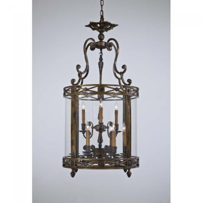 Vintage French Gold with Patina Nine-Light Two-Tier Foyer Pendant with Tan Drip Candlesleeves