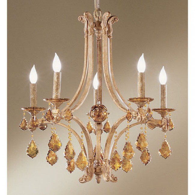  Leather Five-Light Chandelier with French Pendalogs Tortoise Shell Crystal Detail