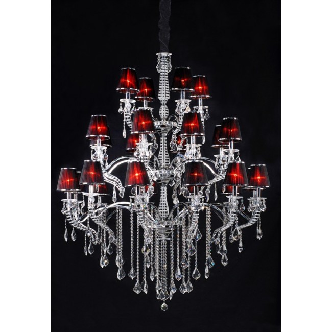 Polished chrome traditional crystal Chandelier dressed with red lampshades