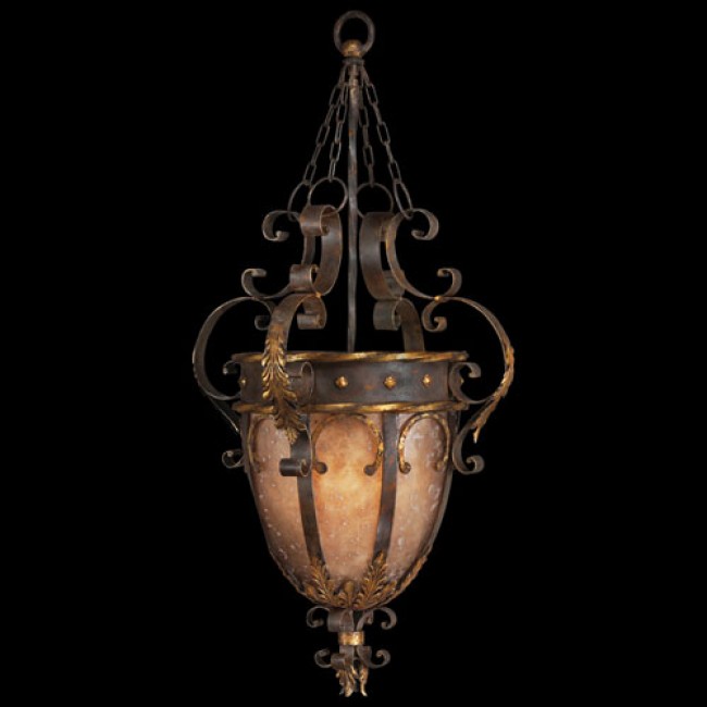Three-Light Pendant in Antiqued Iron and Warm Gold Leaf Finish with Features Mica Panels