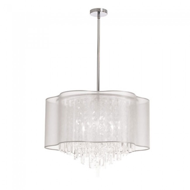 Six-Light Polished Chrome and Clear Crystal Pendant w/ White Laminated Organza Shade