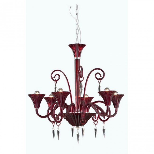 Red Six-Light Chandelier with Elegant Cut Crystal