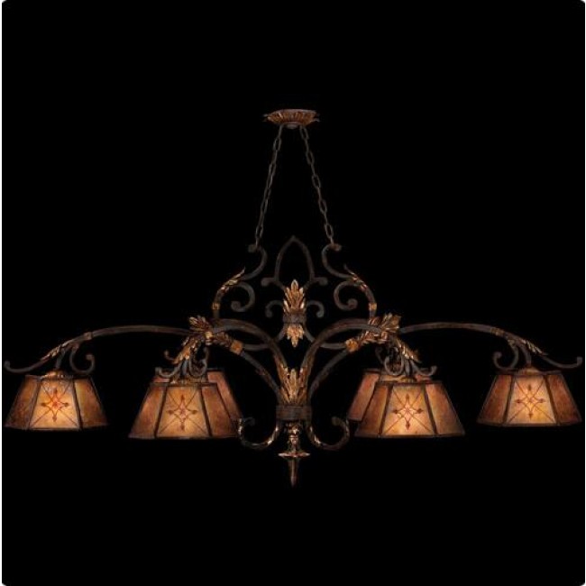 Six-Light Chandelier with Rich Umber Finish and Gilded Accents with Hand Decorated Natural Mica Shades