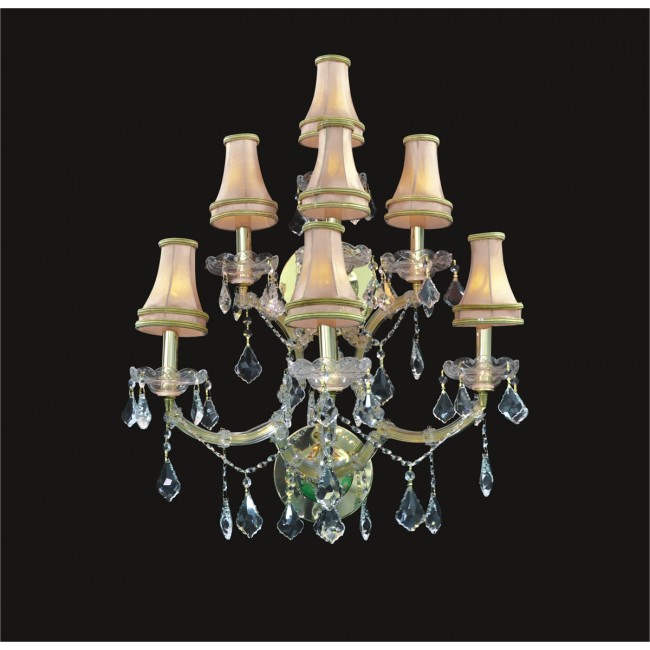 7 lights crystal wall sconce in gold with clear crystal and lamp shades